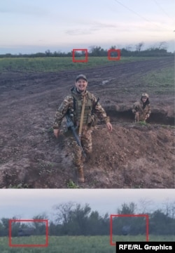Снимка на Рустем Темиркаев (вляво), публикувана на 15 май, го показва заедно с негов колега, който очевидно копае окопи. На заден план се вижда военно оборудване, скрито в линията на дърветата.