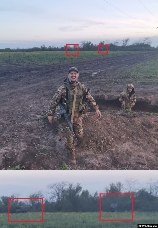 Una foto di Rustem Temirkayev (a sinistra) pubblicata il 15 maggio lo mostra con un collega, apparentemente mentre scava trincee di buche per volpi.  Sullo sfondo, l'equipaggiamento militare è mostrato nascosto nella linea degli alberi.
