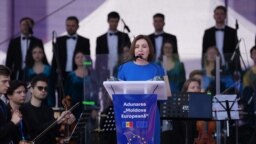 Președinta Maia Sandu în Piața Marii Adunări Naționale, pe 21 mai, când a fost organizată adunarea națională „Moldova Europeană”.