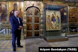 Rublev's Trinity on display in Sergiyev Posad in July 2022, while on loan from the Tretyakov Gallery