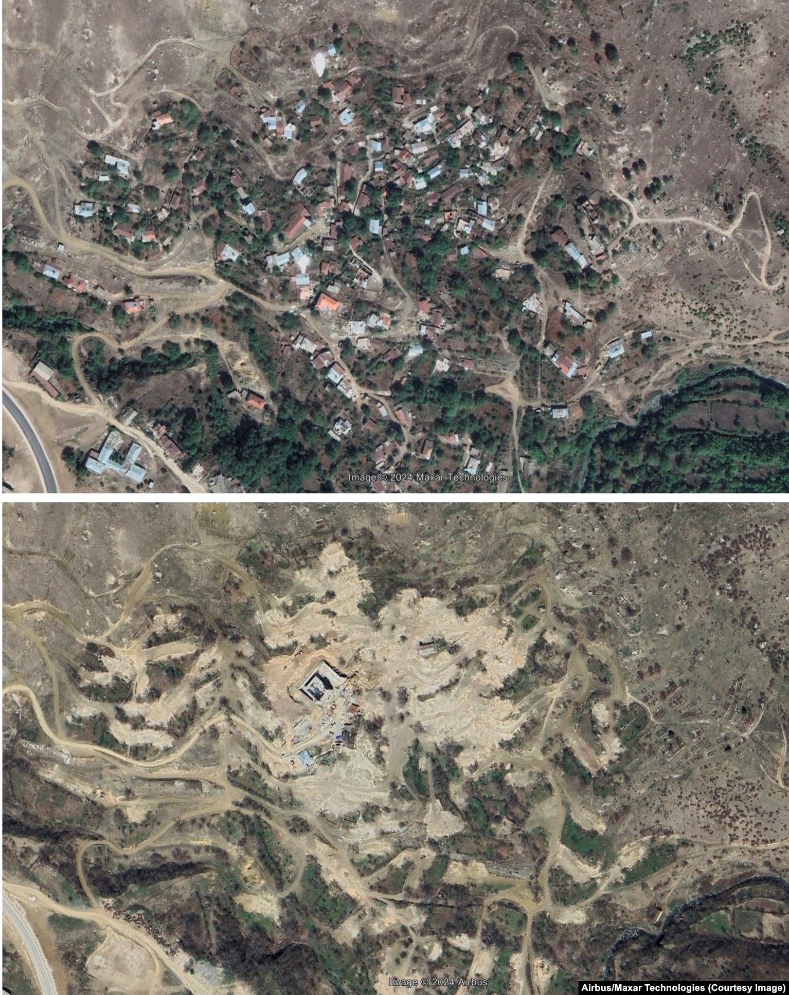 Pamjet që tregojnë se si është dukur fshati Dasalti/Karintak para shkatërrimit. Aktualisht aty po ndërtohet një xhami e madhe. Strukturat në jug janë ruajtur si hapësirë ku mund të punojnë ndërtimtarët.