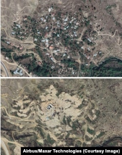 Images showing the village of Dasalti/Karintak before and after its erasure. The large construction is a mosque being built. Structures to the south of the mosque may have been preserved to serve as accommodation for workers on the site.