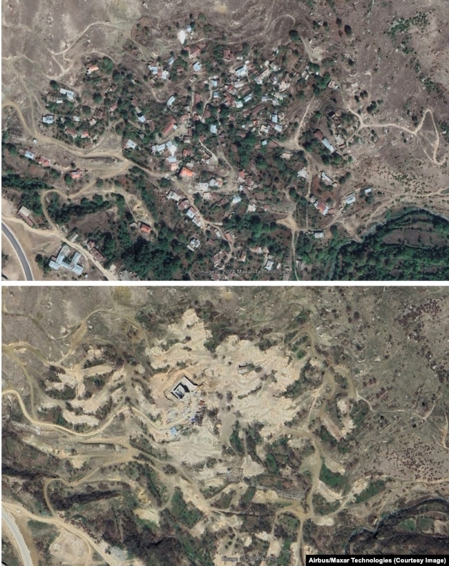 Снимки, показващи село Дасалти/Каринтак преди и след заличаването му. Голямата постройка е джамия в процес на изграждане. Постройките на юг от джамията може би са запазени, за да служат за настаняване на работниците на обекта.
