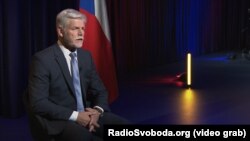 Президентът на Чешката република Петр Павел по време на интервюто си в централата на Радио Свободна Европа в Прага.