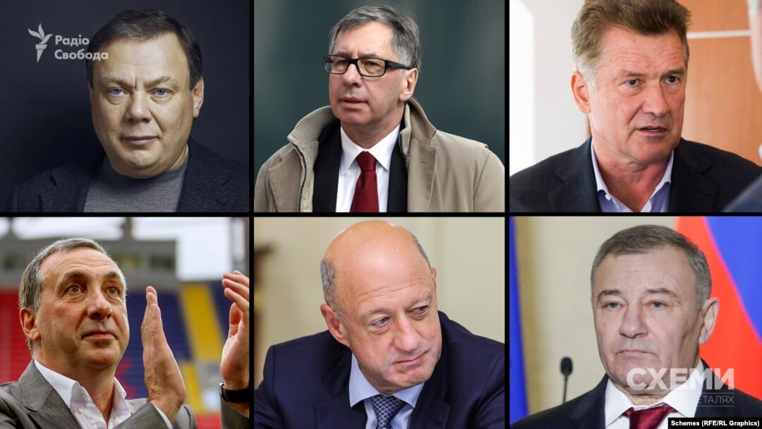 Left to right: Sanctioned Russian oligarchs Mikhail Fridman, Pyotr Aven, Andrei Kosogov, Yevgeny Giner, Aleksandr Babakov, and Arkady Rotenberg. Ukraine has issued decrees to sanction thousands of Russia's most prominent citizens, including individuals whose assets rank among the largest in Ukraine, for alleged connections to Russia's 2022 invasion. 