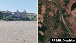 Retragerea albiei Nistrului la Hotin a fost prezentată în imagini îngrijorătoare, devenite virale pe net (stânga). Imagini de pe satelit obținute de Europa Liberă sugerează o situație mai puțin dramatică.