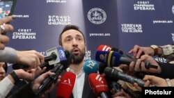Armenia - Former Yerevan Mayor Hayk Marutian talks to journalists after being stripped of his seat in the city council, February 7, 2024.
