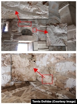 The grout used in the restoration, both interior and exterior, is cracked in several places.