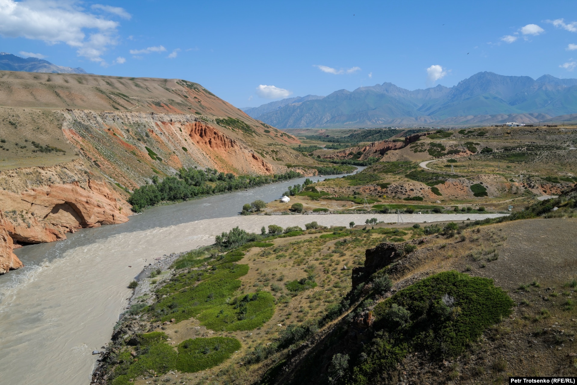 The site where the Big Naryn and Small Naryn rivers meet, near the town of Naryn in central Kyrgyzstan. The waterways eventually run into the Syr Darya River.