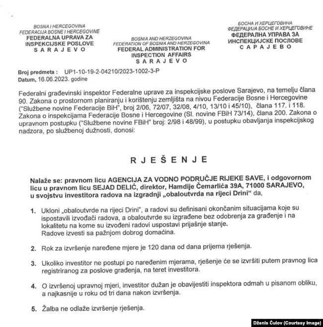 Rješenje federalne inspekcije iz juna prošle godine o rušenju obaloutvrda na lijevoj i desnoj obali rijeke Drine.