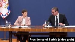 Premijerka Ana Brnabić i predsednik Srbije Aleksandar Vučić tokom obraćanja javnosti 7. juna 2023. 
