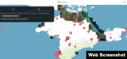 Скриншот интерактивной карты Крымского полуострова, созданной Крым.Реалии, с отмеченными местами ударов, взрывов и пожаров, предположительно, вследствие атак ВС Украины