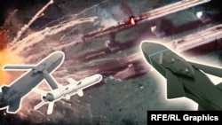 (колаж) Ракети Storm Shadow, Taurus і Р-360 над палаючим Керченським мостом
