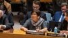  روزا اوتونبایوا، نماینده ویژه سازمان ملل متحد برای افغانستان در حال سخنرانی در یکی از جلسات شورای امنیت سازمان ملل متحد 