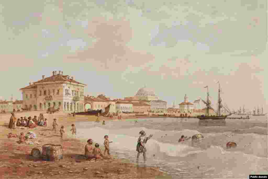 Ova slika plaže u Jevpatoriji, na zapadu Krima, jedna je od 52 ilustracije poluostrva koje je napravio švajcarsko-italijanski umetnik Karlo Bosoli (Carlo Bossoli) (1815-84).&nbsp;