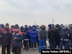 Residents protest in Zhetybai, Karakya district, Mangystau region, on March 31.