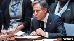 U.S. Secretary of State Antony Blinken speaks during a meeting at the UN Security Council to mark one year since Russia invaded Ukraine on February 24.