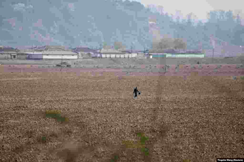 Një burrë duke ecur nëpër një fushë në Sinuiju të Koresë së Veriut shihet nga Dandongu, provinca Liaoning në Kinë, 20 prill 2021.
