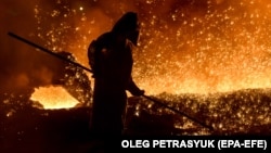 A steelworker at a blast furnace of the Zaporizhstal steel plant in February.