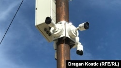 A video-surveillance system made by the Chinese company Dahua oversees a main intersection in the northern Serbian town of Becej.