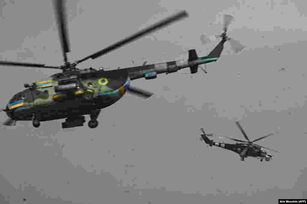 Ukrainian Mi-8 and Mi-24 helicopters take off for a mission against Russian targets. &nbsp;