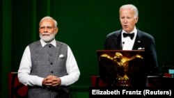 Президент США Джо Байден (справа) и премьер-министр Индии Нарендра Моди во время государственного ужина в Белом доме. Вашингтон, 22 июня 2023 года