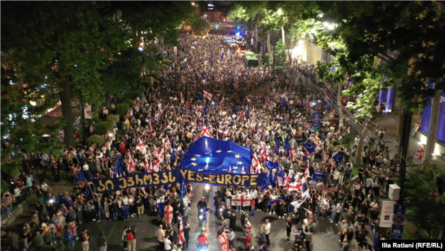 Protesters swarm the streets of Tbilisi to demonstrate against the so-called foreign agent law on April 28.