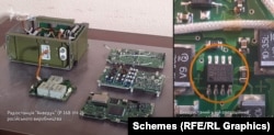 Підсилювач Analog Devices серії AD822 (праворуч), який Україна знайшла всередині радіосистеми «Акведук», що використовується російськими військами в Україні