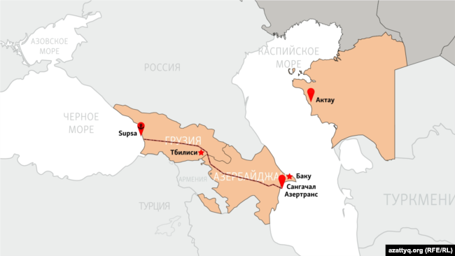 Поставки нефти через Транскаспийский коридор, из порта Актау в Азербайджан и далее Грузию и Турцию, за год существенно увеличены, но они несопоставимы с объёмами перекачки по Каспийскому коридору