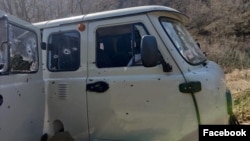 The vehicle that ethnic Armenian authorities in Nagorno-Karabakh say was shot at on March 5.