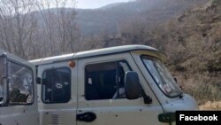 Nagorno-Karabakh - A Karabakh police vehicle riddled with bullets, March 5, 2023.