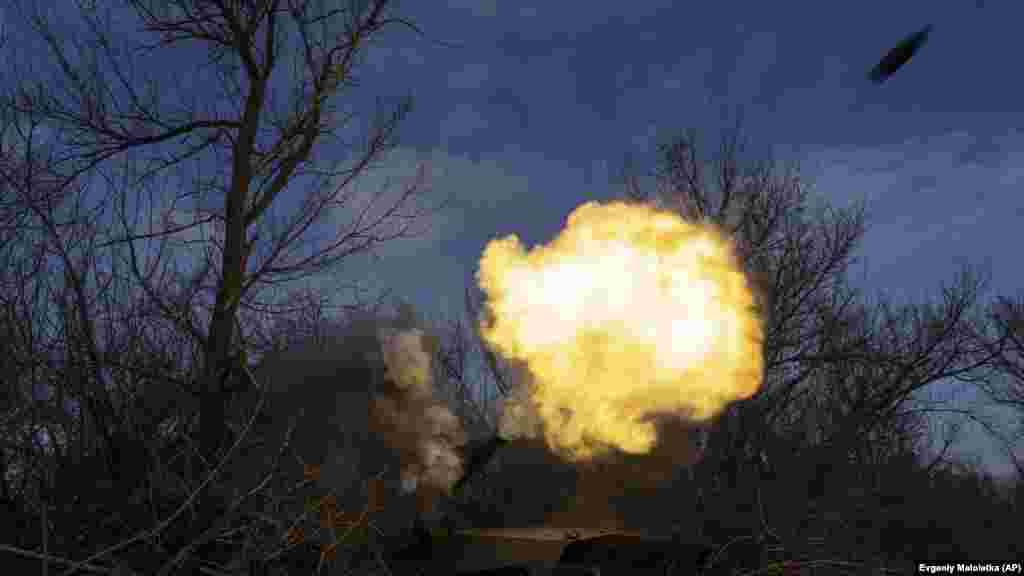 A self-propelled howitzer fires at Russian positions near Bakhmut, Donetsk region, on March 10. Ukrainian forces have repelled several waves of Russian attacks in and around the destroyed eastern city, as commanders on both sides described the situation as &quot;difficult.&quot; &nbsp;