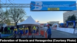 Članovi reprezentacije Bosne i Hercegovine na početku biciklističke trke Beograd - Banja Luka, Beograd, 13. april 2022.