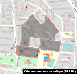 Карта на жилищните сгради в жк „Хаджи Димитър“, които попадат в обхвата на неотчетената секция