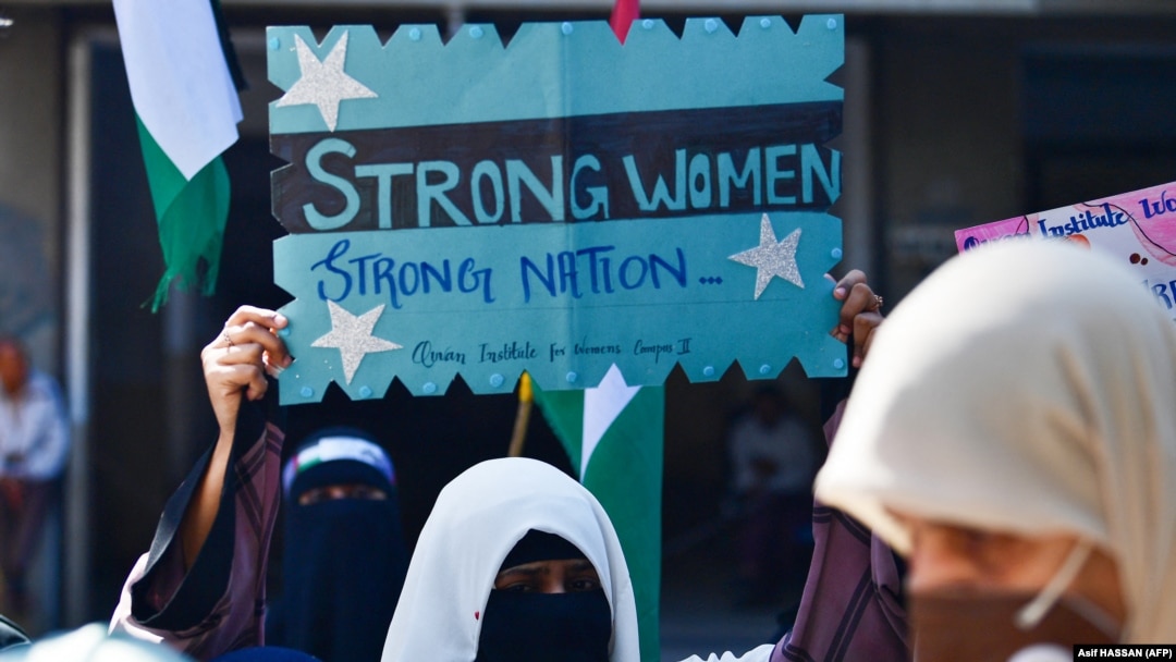 Jamaat-e Islami party activists demonstrate to mark International Women's Day in Karachi on March 8.