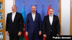 Слева направо: президент Азербайджана Ильхам Алиев, председатель Европейского совета Шарль Мишель, премьер-министр Армении Никол Пашинян. Брюссель, 15 июля 2023 г.