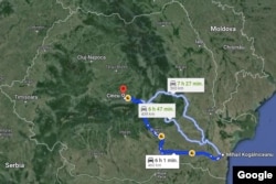 Rutele oferite de Google Maps pentru a merge de la Mihail Kogălniceanu (jud. Constanța) la Cincu (jud. Brașov). Convoaiele militare merg cu viteze sub cele obișnuite.