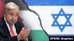 Генеральный секретарь ООН Антониу Гутерриш и конфликт между Израилем и сектором Газа. Коллаж