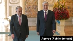 Kazakh President Qasym-Zhomart Toqaev (left) meets with visiting UN Secretary-General Antonio Guterres in Astana on July 3. 