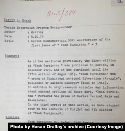 Хасен Оралтай 1979 жылғы 5 қазанда "Яш Түркістан" журналының 50 жылдығына әзірлеген хабардың жазбасы. Хасен Оралтайдың жеке қорынан алынды.