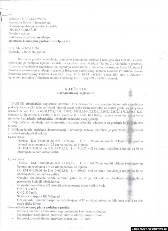 Rješenje Općine Goražde iz 2016. godine o urbanističkoj saglasnosti za izgradnju obaloutvrda na lijevoj i desnoj obali rijeke Drine.