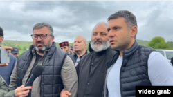 Armenia - Leaders of protests in Tavush province talk to reporters near Kirants village cordoned off by police, May 3, 2024.