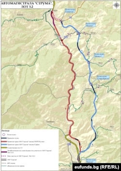 Проектният вариант Г-10.5 с разделяне на трафика север-юг през дефилето (в червено) и юг-север източно от дефилето (в синьо)