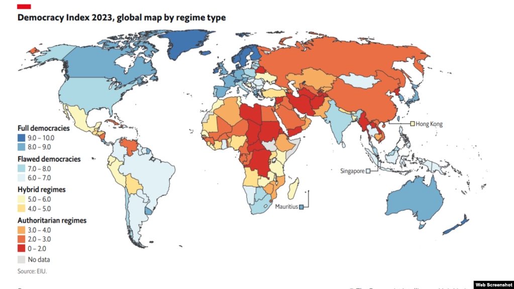 Карта из исследования Democracy Index 2023 