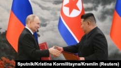 Володимир Путін і Кім Чен Ин під час зустрічі в Пхеньяні, 19 червня 2024 року