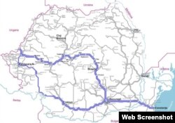 Rețeaua feroviară a României - evidențiate, în imagine, sunt liniile de pe Coridorul Rin-Dunăre.