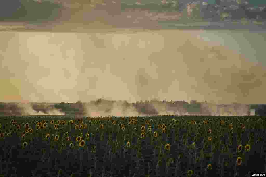 Smoke rises over sunflowers on the front line in the Donetsk region in eastern Ukraine.