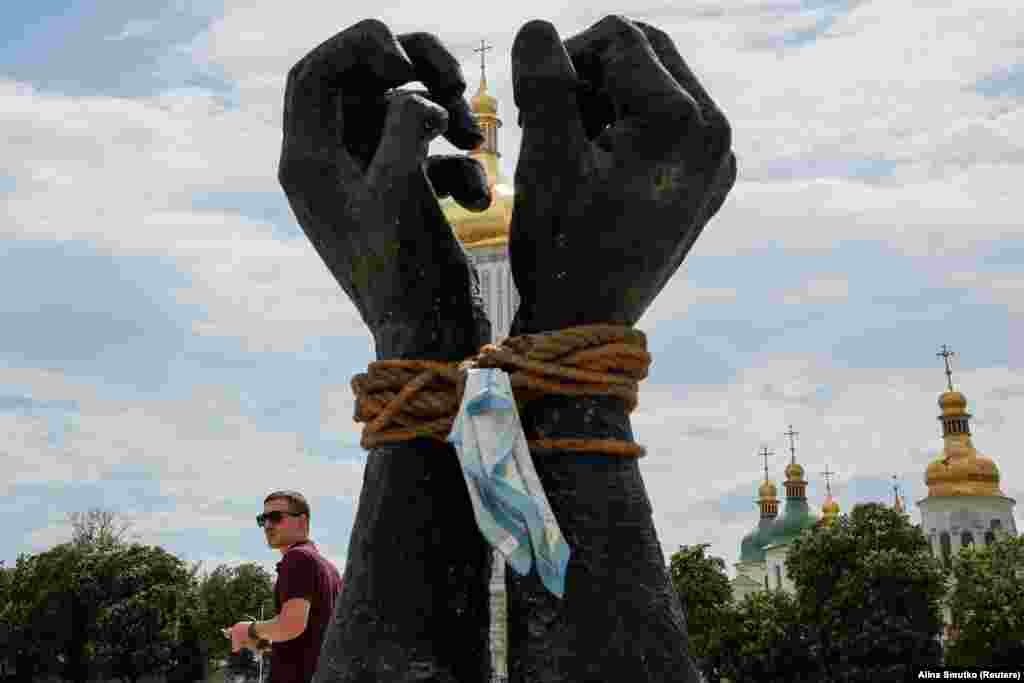 A general view shows an installation dedicated to Azovstal POWs at Sofiyska Square in Kyiv.