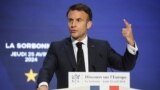 Francuski predsjednik Emmanuel Macron tokom govora o budućnosti Evrope na Univerzitetu Sorbona, 25. april 2024.