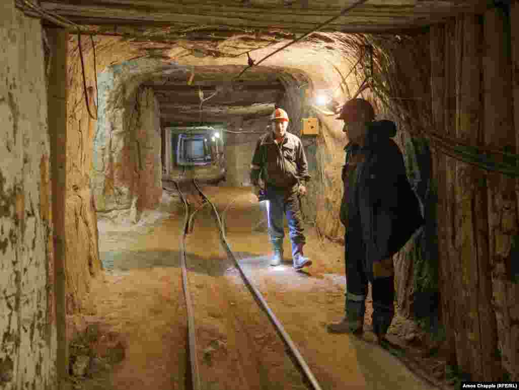 Miners inside a section of the mine. Around 3 million tons of salt have been extracted from the seam below Yerevan, with an estimated 600,000 tons remaining.